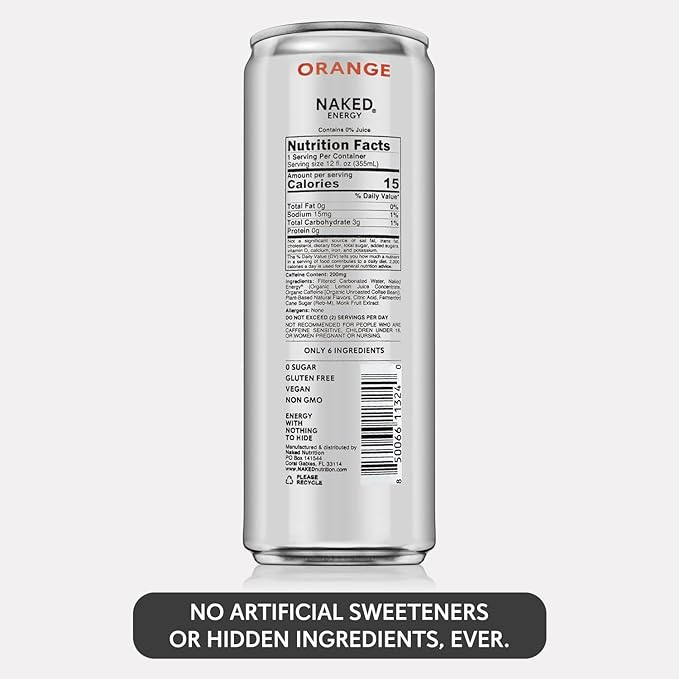 Naked Sparkling Energy Drink - Orange, Organic Caffeine, Organic Lemon Juice, Zero Sugar, No Sucralose, Naturally Sweetened, Natural Energy Drinks, Vegan, Gluten-Free, Non-GMO - 12oz Cans (Pack of 12)