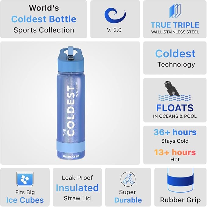Coldest Insulated Water Bottle with Straw Lid - Stainless Steel Metal Insulated Bottle for Men & Women (Galactic Blue Glitter, 24 oz)