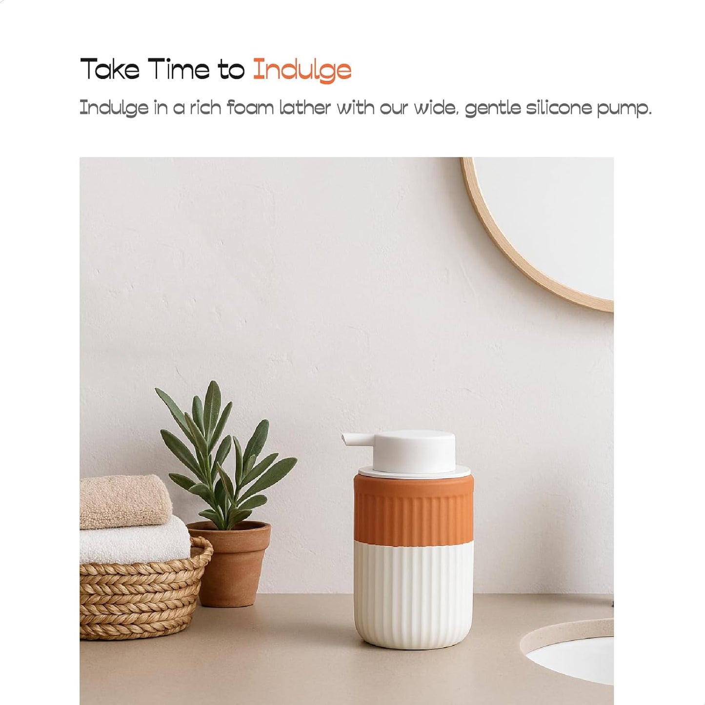 Hand Dipped Terracotta Ceramic Foam Soap Dispenser, 12 oz Rippled Bubble-Up Bottle with White Silicone Pump, Refillable Orange Hand Soap Dispenser for Bathroom