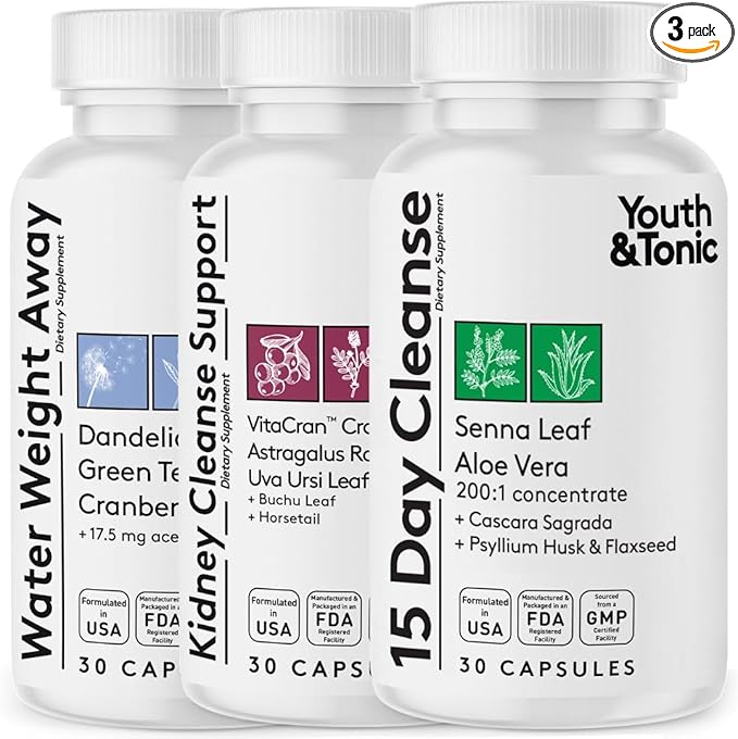 Youth & Tonic Complete Multi-Organ Detox Support – 15 Day Colon Cleanser & Gut Detox, Kidney Cleanse, Water Balance & Liver Health, 90 Pills for Women and Men