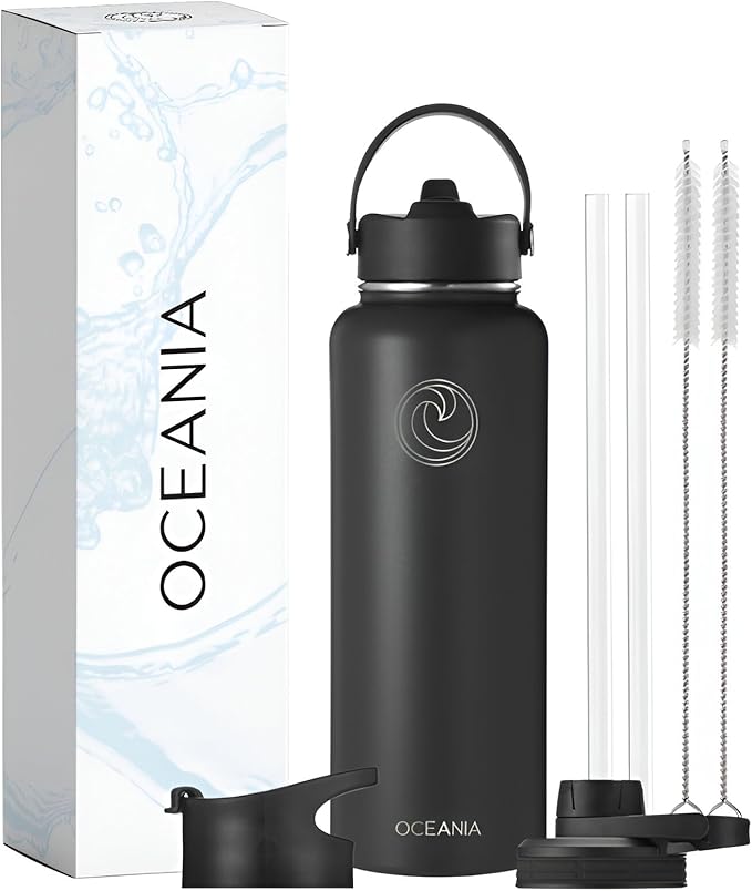 Oceania Flask 40oz Stainless Steel Water Bottles | Modern, Leakproof, Hydro BPA-Free, Insulated Water Bottle with 3 Lids, 3 Straws & 2 Straw Cleaning Brushes | Simple Camping & Hiking Water Bottles