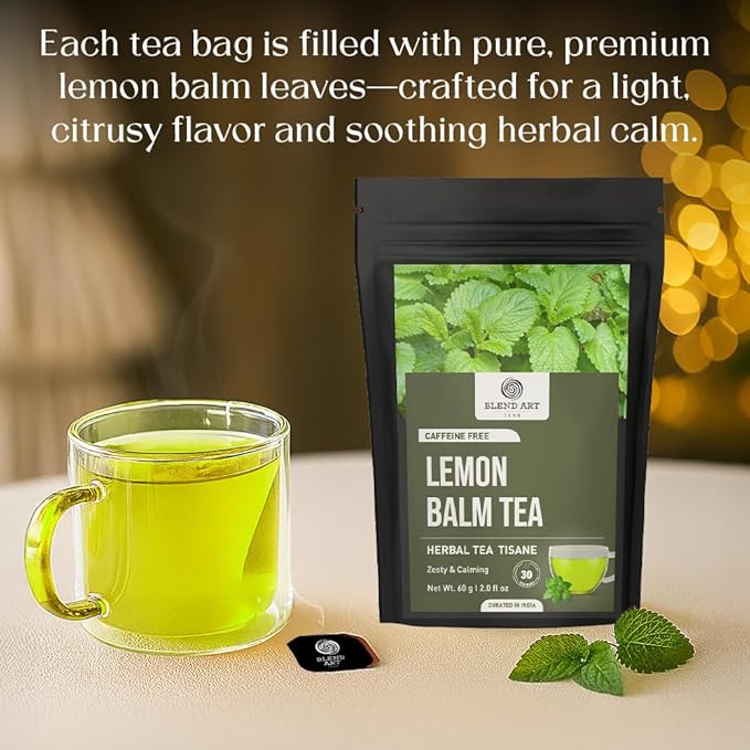 BlendArt Teas - Lemon Balm Herbal Tea - 30 Count - Pyramid Tea Bag | Relive Stres- Lemon Balm Herbal Tea | Reduces Bloating | Refreshing Flavour - Leaf Based - Caffeine Free | Ziplock Pouch