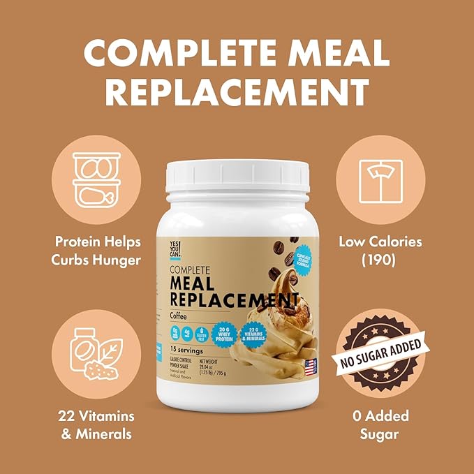 Yes You Can! Meal Replacement Shake - 20G Protein, 4G Fiber, 21 Vitamins & Minerals, 0G Added Sugar - Meal Replacement Protein Powder - Complete All-in-One Nutrition - 15 Servings (Coffee)