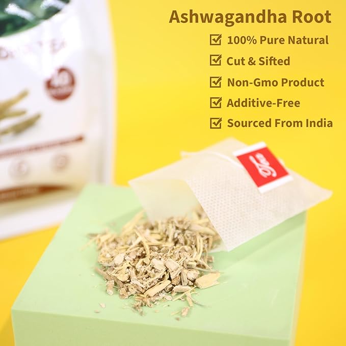 TEARELAE - Ashwagandha Tea Bags - 2.5g x 40 Count - Sourced From India - Premium Natural Cut & Sifted Pure Indian Ginseng Root - Non-GMO - Caffeine-free - Rich in Antioxidants & Boost energy
