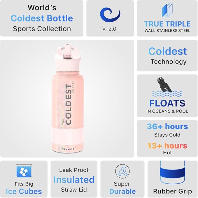 Coldest Insulated Water Bottle with Straw Lid - Stainless Steel Metal Insulated Bottle for Men & Women (Forever Pink Glitter, 32 oz)