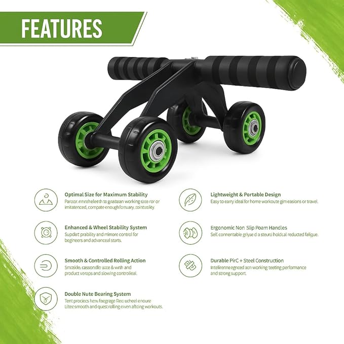 4-Wheel Ab Roller with Knee Pad โ Abdominal Exercise Wheel for Core Strength Training, Stable Ab Workout Equipment for Men & Women, Non-Slip Handles, Smooth Bearings, Portable Home Gym Fitness Tool