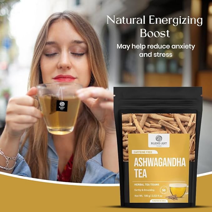 BlendArt Teas - Ashwagandha Root TeaBags - 50 Count - Pyramid Tea Bag |Ancient Adaptogen Superfood for Men and Women | Helps in Relive Stress | Promote Cleansing & Wellness | Caffeine Free | Ziplock Pouch