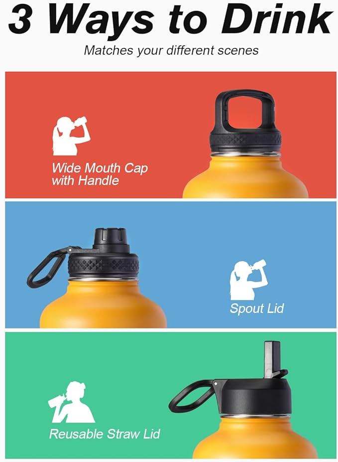 Half Gallon Water Bottle Insulated with Straw & 3 Lids, Coolflask 64 oz Water Jug Large Metal Stainless Steel Wide Mouth for Sports, Gym or Office, Non-BPA Keep Cold 48H Hot 24H, Ombre Yellow/Orange