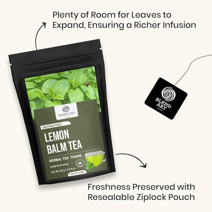BlendArt Teas - Lemon Balm Herbal Tea - 30 Count - Pyramid Tea Bag | Relive Stres- Lemon Balm Herbal Tea | Reduces Bloating | Refreshing Flavour - Leaf Based - Caffeine Free | Ziplock Pouch