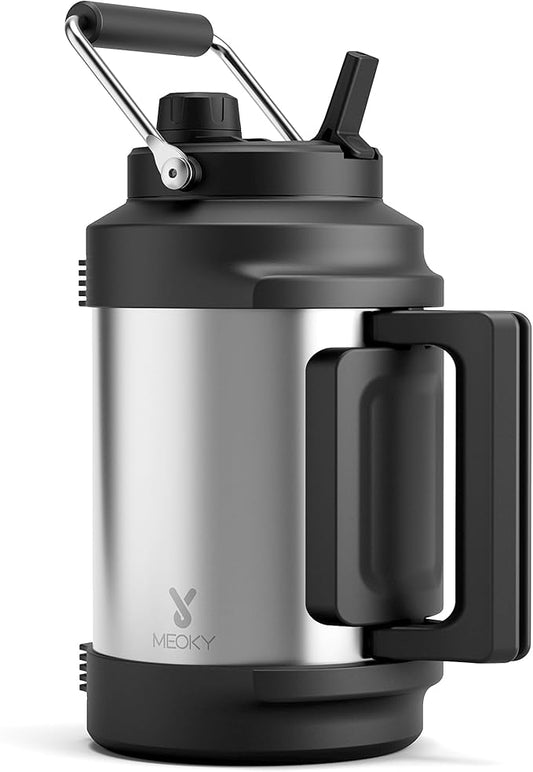 Meoky 1 Gallon Insulated Water Bottle for Travel 128 oz Triple Wall Vacuum Stainless Steel Water Jug - Top and Side Handles, Cold for 48 Hrs, 2-in-1 Straw and Spout Lid, Leak Proof for Work (Silver)