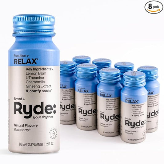 Ryde: Relax Shot | Raspberry Flavor | Lemon Balm, L-Theanine, Ginseng & Chamomile | 0 Calories, 0 Sugar | 2 FL OZ Shots | Helps You Relax* (8 Pack)