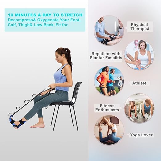 Foot and Calf Stretcher Stretching Strap For Plantar Fasciitis, Heel Spurs, Foot Drop, Achilles Tendonitis & Hamstring. Yoga & Leg Stretch Strap. (Blue)