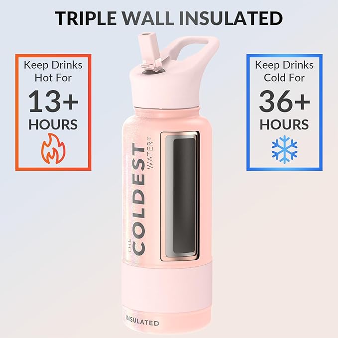 Coldest Insulated Water Bottle with Straw Lid - Stainless Steel Metal Insulated Bottle for Men & Women (Forever Pink Glitter, 32 oz)