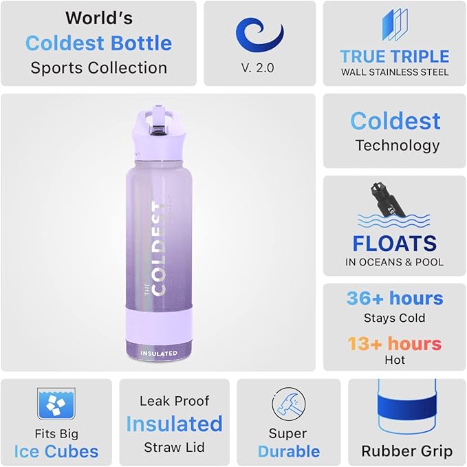 Coldest Insulated Water Bottle with Straw Lid - Stainless Steel Metal Insulated Bottle for Men & Women (Purple OmbrΓ© Glitter, 40 oz)