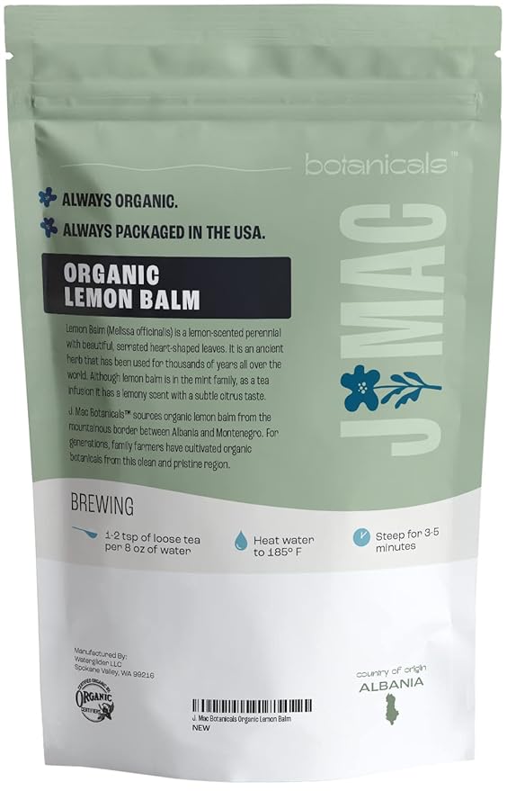 J Mac Botanicals Organic Lemon Balm (4 oz), Loose Leaf Tea, Dried Lemon Balm Tea, herbal Infusion, Lemon balm leaves, melissa officinalis tea, Certified USDA Organic