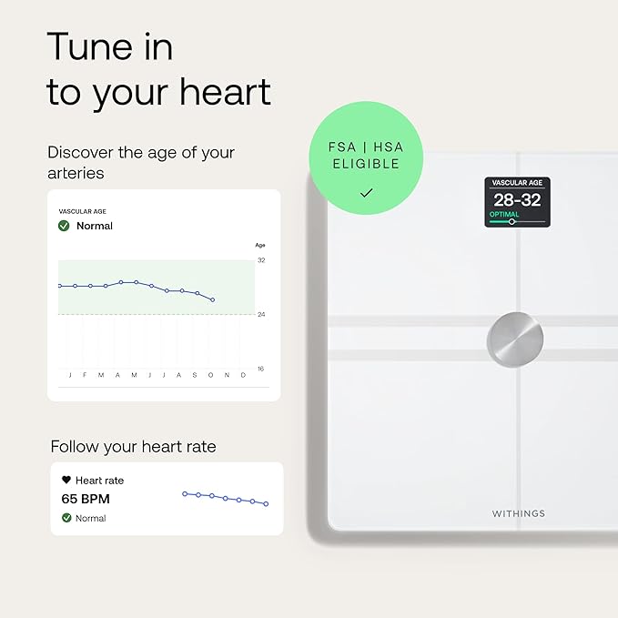 WITHINGS Smart Scales for Body Weight, FSA or HSA Eligible, Body Analysis, Fat Content, Muscle Mass, Bone Density, Visceral Fat, Bathroom Scale, BMI Scales Digital Weight and Body Fat, Bluetooth, WiFi