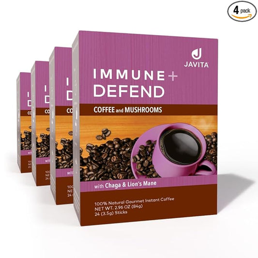 Mushroom Coffee by Javita, Immune & Defend Blend of Chaga, Lion's Mane and Dark Roast Coffee for Morning Boost, Antioxidant Support; Keto-friendly, 4 boxes of 24 (3.5g) Sticks, 96 ct