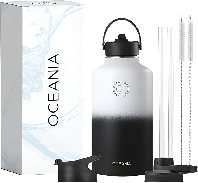 Oceania Flask 64oz Stainless Steel Water Bottle | Modern, Leakproof, Hydro BPA-Free, Insulated Water Bottle with 3 Lids, 3 Straws & 2 Straw Cleaning Brushes | Simple Camping & Hiking Water Bottles