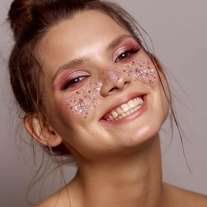 MAEPEOR Chunky Face Body Glitter Gel 19 Colors Mermaid Sequins Holographic Body Glitter Gel Long-Lasting Festival Makeup Glitter Paint for Face Body Hair Nails (30g, 03 Pink)