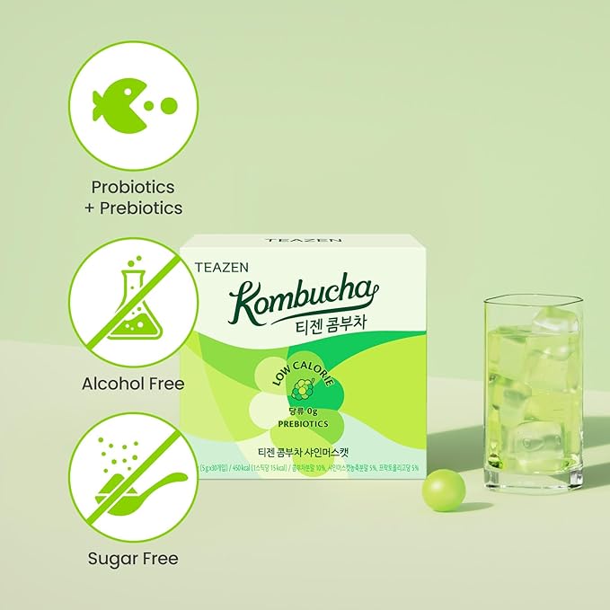 TEAZEN Shine Muscat Kombucha Tea, Electrolyte & Hydration Drink Mix, Sugar Free, Live Probiotics & Prebiotics, 30 Sticks, 5.29oz