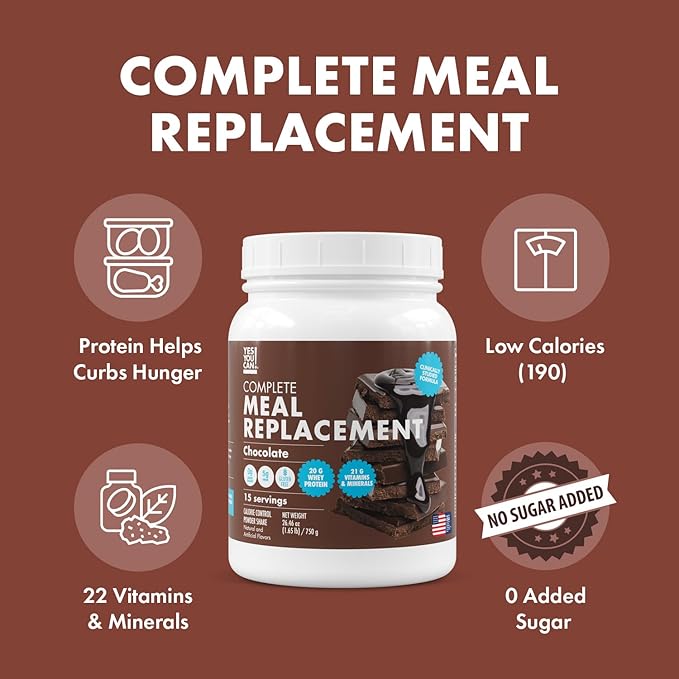 Yes You Can! Meal Replacement Shake - 20G Protein, 5G Fiber, 21 Vitamins & Minerals, 0G Added Sugar - Meal Replacement Protein Powder - Complete All-in-One Nutrition - 15 Servings (Chocolate) - 2 Pack