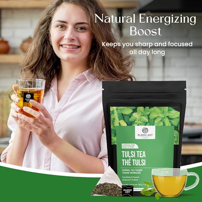 Tulsi Holy Basil Tea Bags 50 Count For Cognitive Balance & Overall Health Ayurvedic Tulsi With Antioxidants Caffeine Free Holy Basil Leaves Pyramid Herbal Tea Bags Support Digestion & Boost Immunity