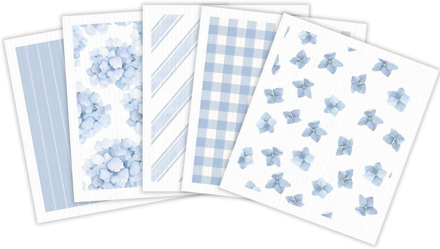 HALL & PERRY Swedish Dishcloths for Kitchen, 5-Pack, Reusable Cellulose Sponge Cloths for Kitchen & Cleaning – Eco-Friendly, Ultra-Absorbent, Quick-Drying (Floral Blue)