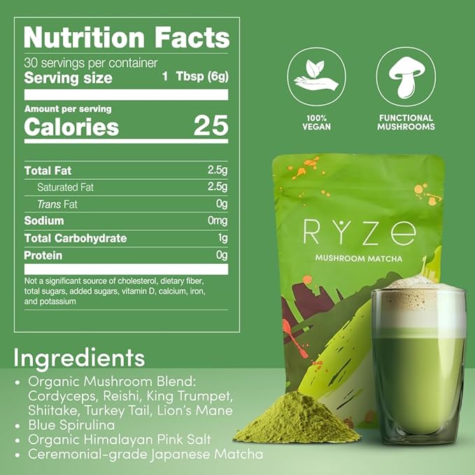 RYZE SUPERFOODS Mushroom Matcha, USDA Organic with 6 Adaptogenic Mushrooms and Ceremonial-Grade Matcha for Energy, Focus, Digestion, Immunity with Turkey Tail, Shiitake, Lion's Mane, 30 servings