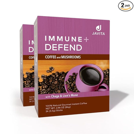 Mushroom Coffee by Javita, Immune & Defend Blend of Chaga, Lion's Mane and Dark Roast Coffee for Morning Boost, Antioxidant Support; Keto-friendly, 24 (3.5g) Sticks, 2 boxes