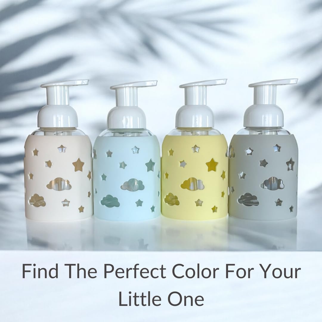 SoCal Suds & Company Glass Foaming Hand Soap Dispenser, Soft Grip Silicone Sleeve, Refillable Pump Bottle for Kids, Baby Wash & Shampoo, Ideal for Home Use, Light Yellow 8oz