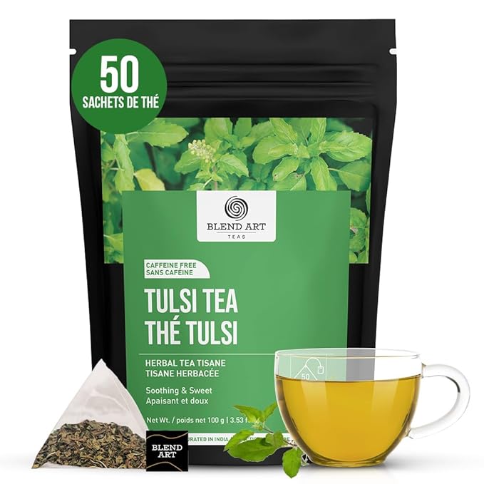 Tulsi Holy Basil Tea Bags 50 Count For Cognitive Balance & Overall Health Ayurvedic Tulsi With Antioxidants Caffeine Free Holy Basil Leaves Pyramid Herbal Tea Bags Support Digestion & Boost Immunity
