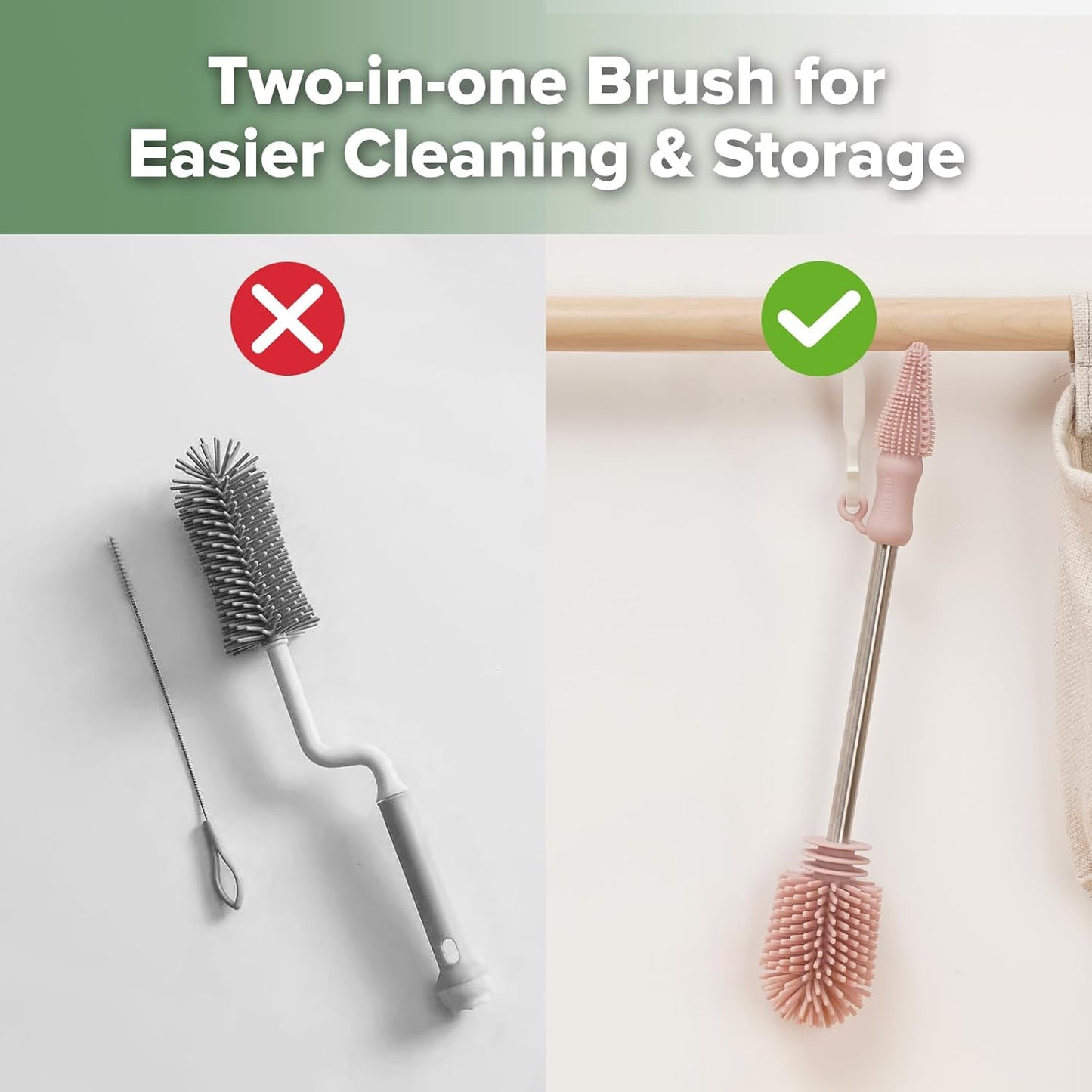 haakaa Cleaning Brush Silicone Bottle Brush Double-Ended Soft Silicone Bristles for Breast Pumps, Breast Milk Collectors, Baby Bottles, Teats, Breastmilk Storage Bags, Pink -1pk