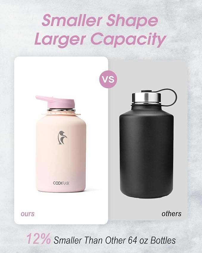 Coolflask Half Gallon Water Bottle Insulated with Straw, 64 oz Large Water Jug with Straw & Spout Lids, Double Wall Stainless Steel Metal Flask, Keep Cold 48h Hot 24h, Apricot Pink