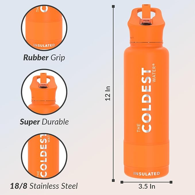 Coldest Insulated Water Bottle with Straw Lid - Stainless Steel Metal Insulated Bottle for Men & Women (Jupiter Orange, 40 oz)