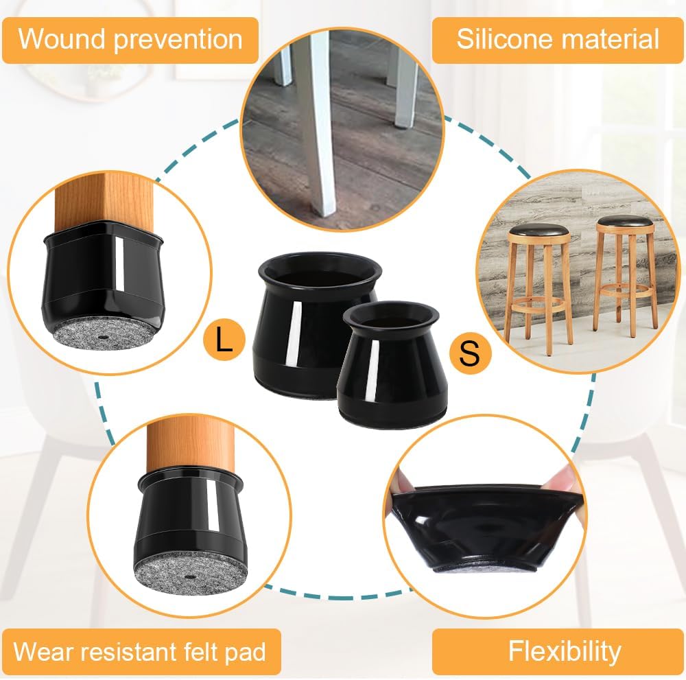 32 Pcs Chair Leg Protectors for Hardwood Floors, Silicone Felt Furniture Leg Cover Pad for Protecting Floors from Scratches and Noise, Smooth Moving, Large(Fit Round Diameter:1-5/16" to 2")