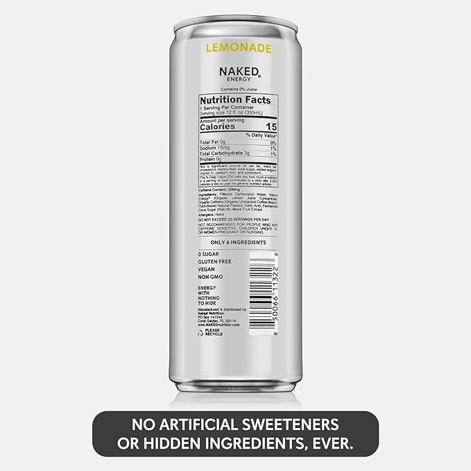 Naked Sparkling Energy Drink - Lemonade, Organic Caffeine, Organic Lemon Juice, Zero Sugar, No Sucralose, Naturally Sweetened, Natural Energy Drinks, Vegan, Gluten-Free, Non-GMO - 12oz Cans (Pack of 12)