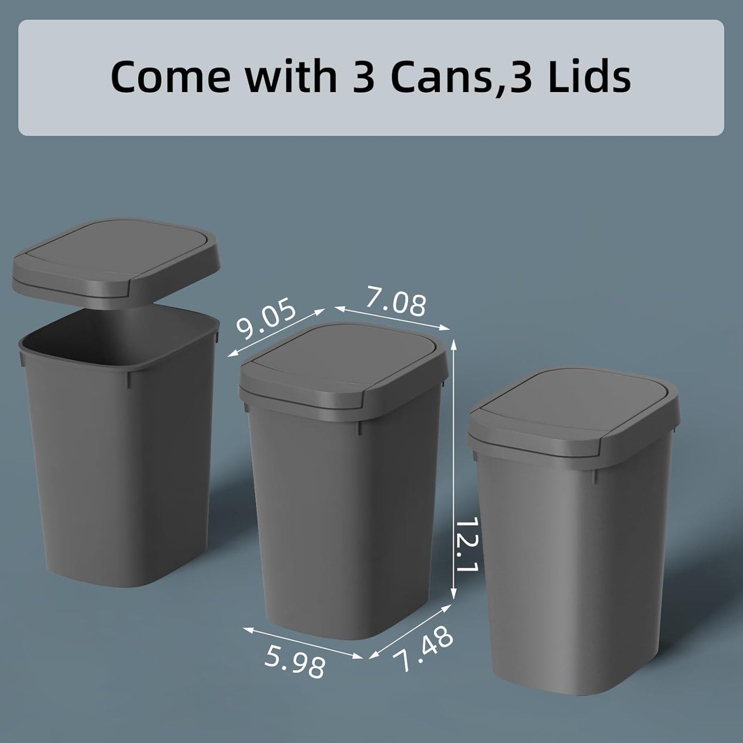 3 Pack Bathroom Small Trash Can with Lid, 2.6 Gallon Slim Garbage Bin with Pop-Up Lid, 10L Plastic Wastebasket for Bedroom, Office, Kitchen, Toilet (Gray)