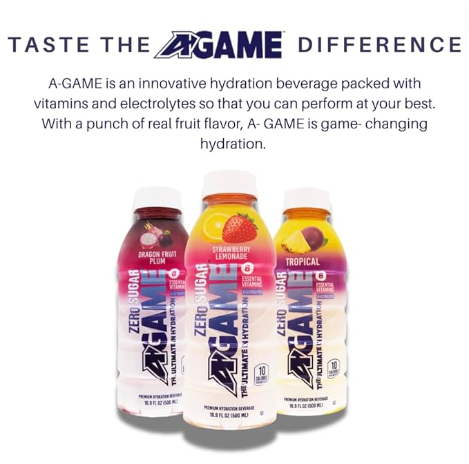 A-Game Zero Sugar Sports Drink, Strawberry Lemonade Zero, Sugar Free Hydration Sports Beverage, 8 Vitamins Plus Electrolytes, Natural Flavors, Gluten Free & Keto Friendly, 16.9 Fl Oz (Pack of 12)