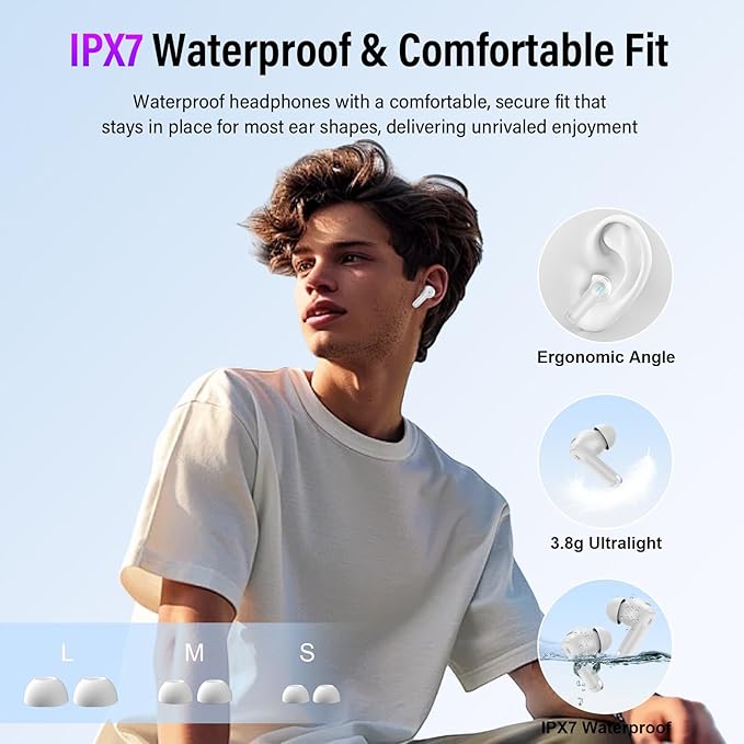 Wireless Earbuds, Bluetooth 5.4 Headphones with Multifunctional Touch Screen, 48H Bass Stereo Ear Buds with ANC/ENC Noise Cancelling/Transparency Mode, IPX7 Earphones with 5 EQ Modes, White