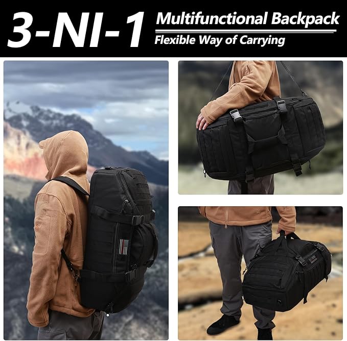 65L Large Duffle Bag, 3-in-1 Tactical Backpack MOLLE Pack for Workout, Sports, Gym, Outdoor, Black Red Patch