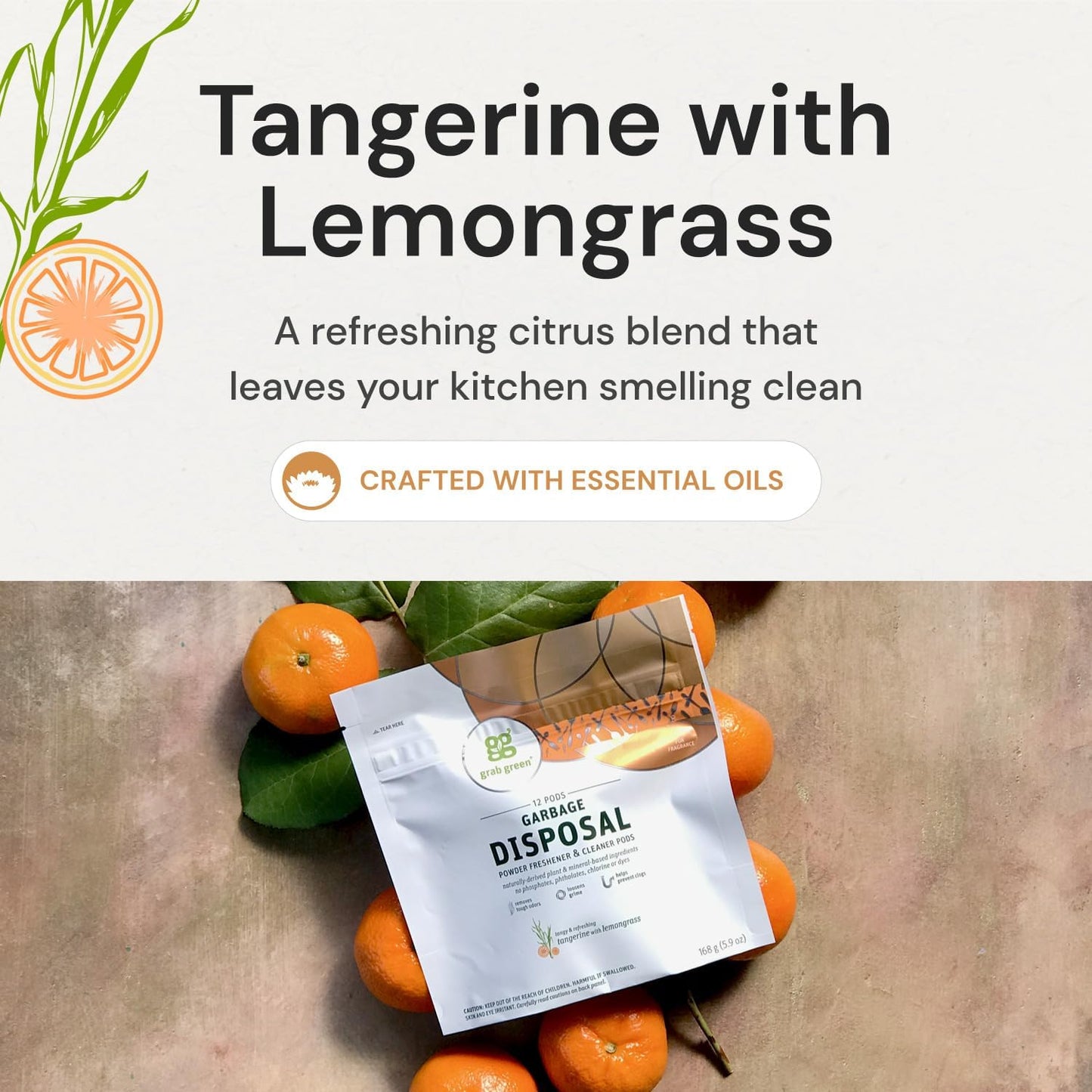 Grab Green Garbage Disposal Freshener and Cleaner Pods, 12 Count, Thyme with Fig Leaf Scent, Plant and Mineral Based, Removes Odors, Loosens Grime, Prevents Clogging