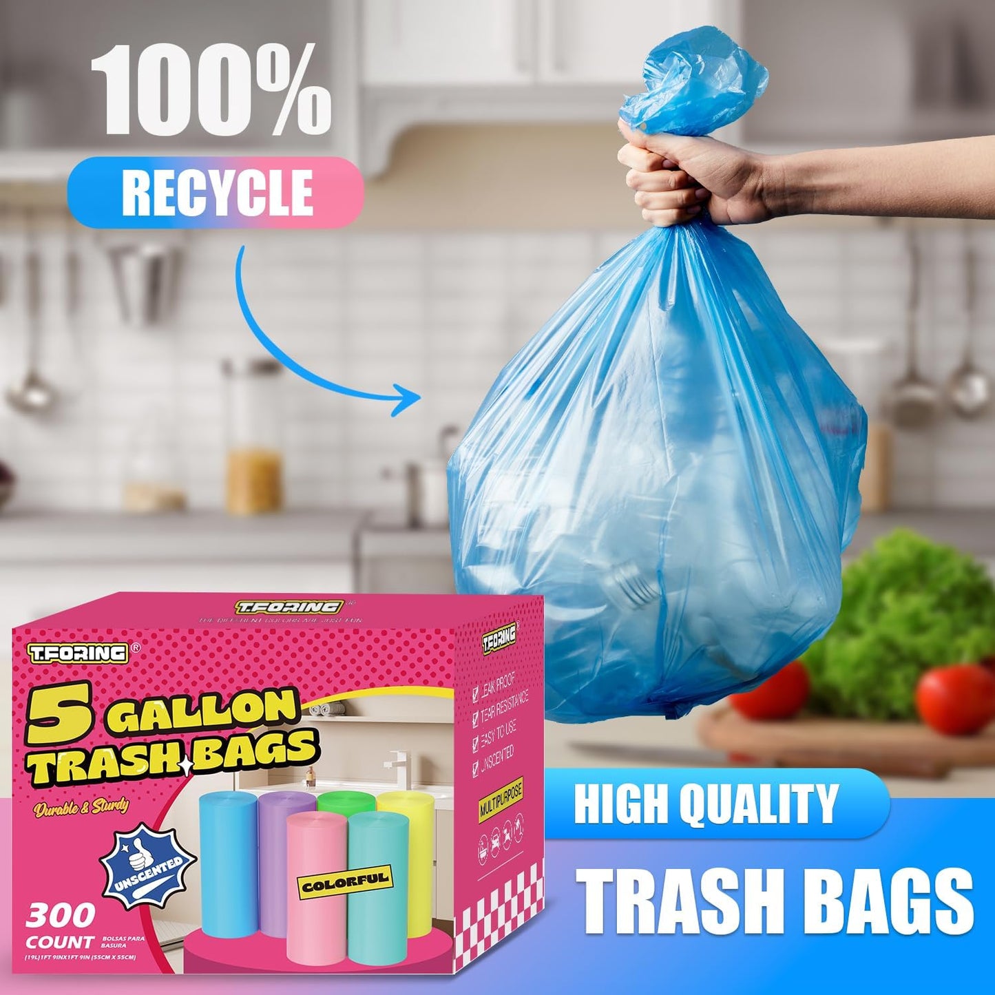 300 Count 5 Gallon Trash Bags - 18 Liter Colored Small Garbage Bags Unscented Wastebasket Liners 0.94 Mil Thick & Leakproof for Home Office Bedroom Bathroom
