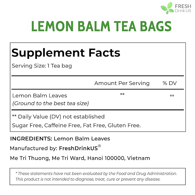 FreshDrinkUS, Premium 120 Lemon Balm Leaf Tea Bags, 100% Natural & Pure from Lemon Balm Leaves. Loose Leaf Lemon Balm Herbal Tea. Lemon Balm Leaf Tea. No Sugar, No Caffeine, No Gluten, Vegan. Lemon Balm Tea
