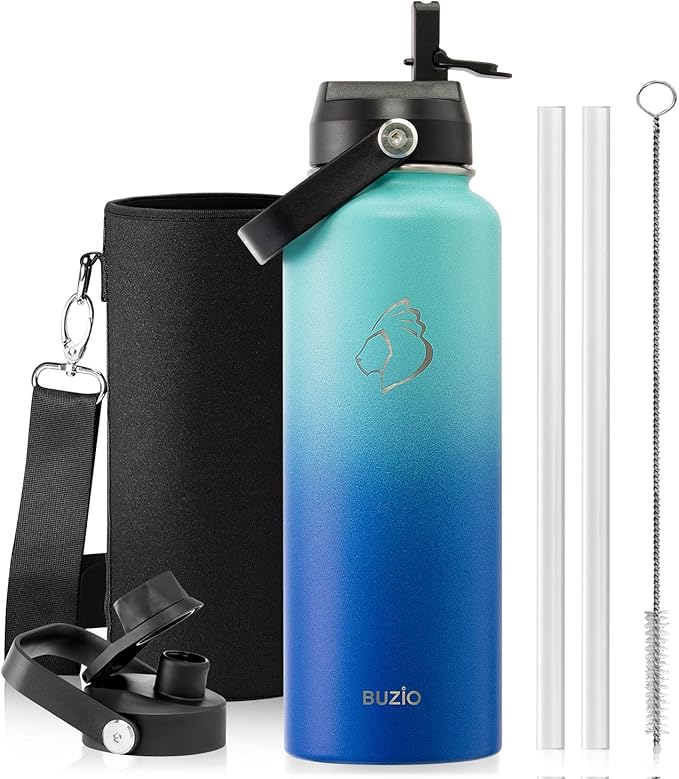 BUZIO Double Wall Stainless Steel Sports Wide Mouth Water Bottle, BPA-Free Flex Cap and Straw Lid, 40 Ounces & 32 Ounces Water Bottle, Sea Breeze