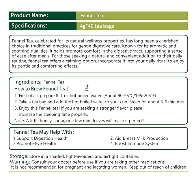 Samcci - Fennel Tea,4g×40 Teabags,100% Natural & Pure Fennel Seeds Herbal Tea - Non-GMO - Caffeine-free - Helps Improve Digestion & Immune System