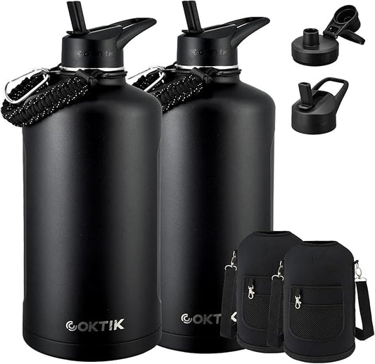 2 Pack 128 oz Insulated Water Bottle, Triple Wall Stainless Steel Flask, Keeps Drinks Cold for 48 Hrs Leak-Proof & BPA-Free Half Gallon Jug with Paracord Handle, Straw & Spout Lids(2 pack,Black)