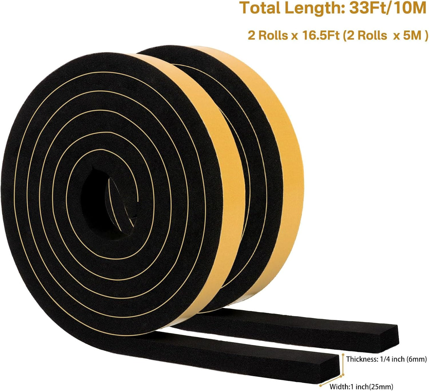 High Density Weather Stripping 3/4 in x 3/8 in, Weatherproof Foam Insulation Tape, Anti Collision Seal Strip Weatherstrips for Windows Storm Doors, 2 Rolls Total 13Ft