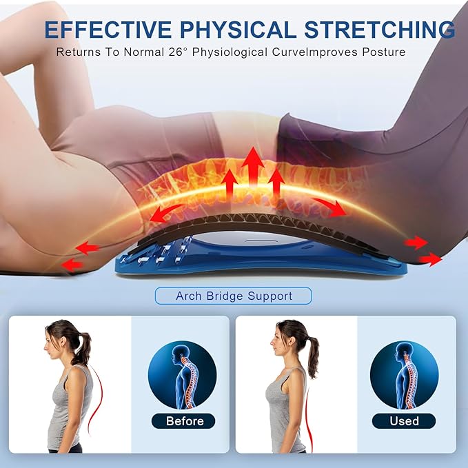 Back Stretcher for Lower Pain Relief, 4 Level Adjustable Arch Lumbar Cracker Board, Massager for Scoliosis, Spine Decompression Support - Blue