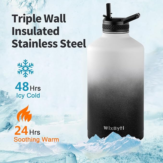 One Gallon Water Bottle Insulated, Triple Wall Vacuum Cold for 48 Hrs & Leak-proof & Non-BPA, 128oz Large Sports Stainless Steel Water Jug with Paracord Handle Straw Spout Lids & DIY Stickers