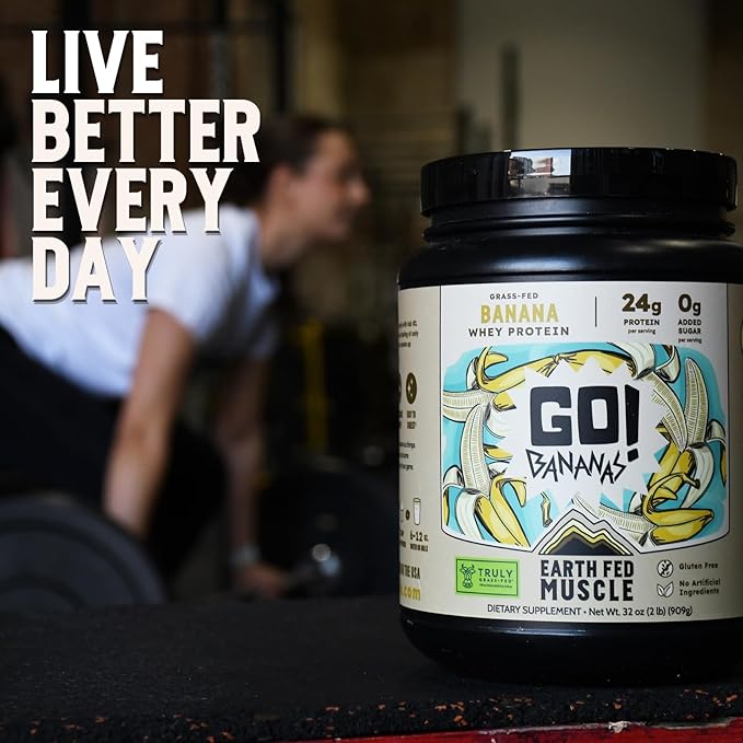 Earth Fed Muscle Go! Bananas Irish Grass‑Fed Whey Protein Isolate – All Natural Banana Flavor, Zero Added Sugar, Soy‑Free, Gluten‑Free (2lb, 27 Servings, Banana)